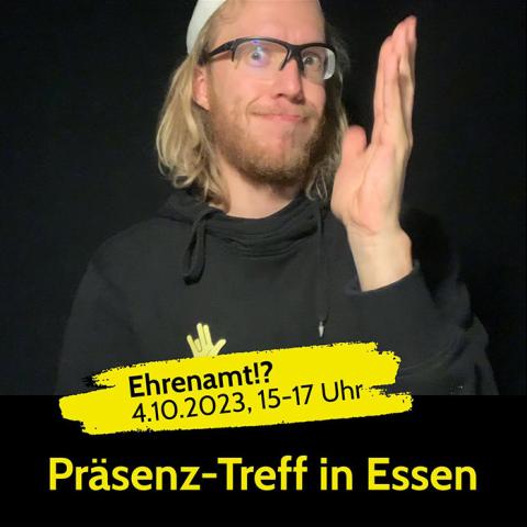  Infografik für den Vortrag am 4.10.2023 im Haus der Begegnung, der Hintergrund ist schwarz, der Text gelb/weiß mit Portrait von Til Apfel: Ehrenamt!? 4.10.2023, 15-17 Uhr Präsenz-Treff in Essen